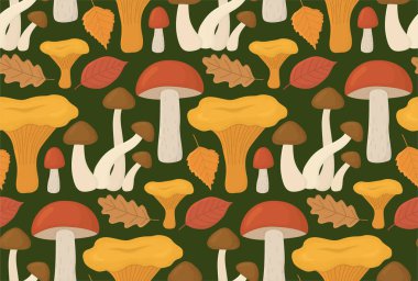 Koyu yeşil zemin üzerinde tatlı, yenilebilir mantarlı kusursuz desen. Mantar ve yapraklı sonbahar arkaplanı