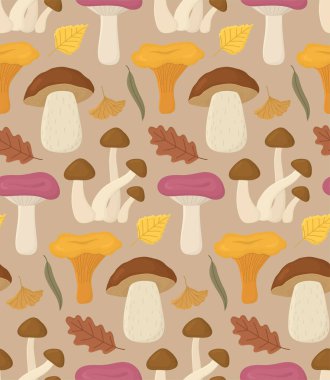 Orman mantarları ve yapraklarla dolu renkli bir sonbahar geçmişi var. Bal mantarlı kusursuz desen, russula, chanterelle, porcini