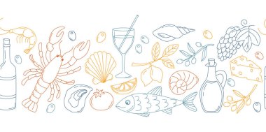 Dış hatları Akdeniz tarzı elementlerle kusursuz bir sınır. El çizimi İtalyan yaz arkaplanı