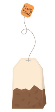 Beyaz arka planda izole edilmiş şirin çay poşeti. Siyah çay demleme kabı