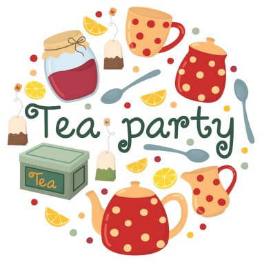 Pankart ve içki takımları için çay partisi yuvarlak tasarımı. Çay saati seti şirin çaydanlık, fincan, çay poşeti, kaşık, limon, reçel