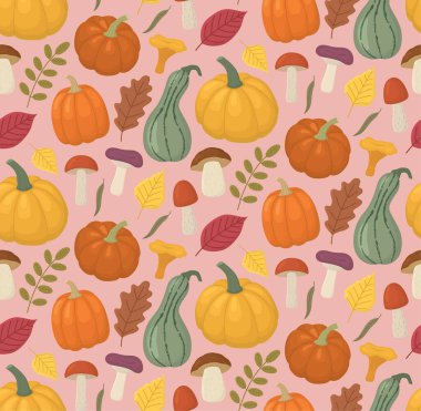 Kabak, yaprak ve mantarlı kusursuz sonbahar deseni. Sonbahar sezonu şirin arkaplan