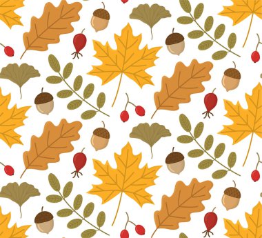 Sonbahar yaprakları, meşe palamutları ve böğürtlenlerle renksiz desen. Sonbahar mevsimsel arka planı