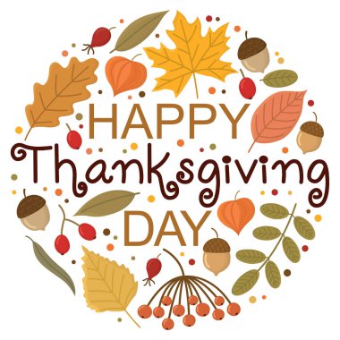 Şükran Günü için yapraklar ve meyvelerle dolu yuvarlak pankart. Farklı sonbahar elementleri beyaz üzerine izole