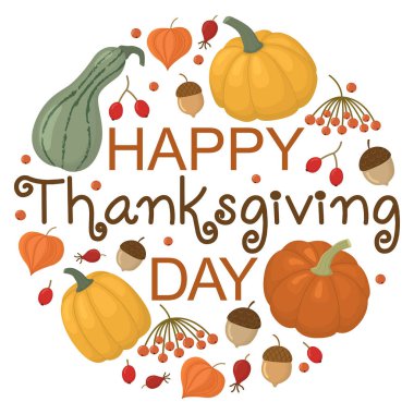 Balkabağı, meşe palamudu ve böğürtlenli Şükran Günü 'nüz kutlu olsun. Hoş elementler ve yazıtlarla sonbahar yuvarlak kompozisyonu