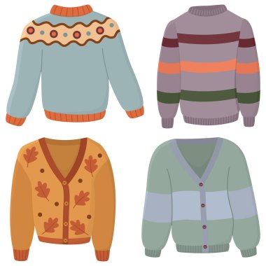 Beyaz üzerine izole edilmiş kalın kazaklar ve hırkalar. Yünlü sonbahar kıyafetleri.