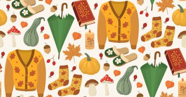 Sonbahar yaprakları, şemsiye, çoraplar, hırka, balkabağı, kitap, mantar, meşe palamudu, mum vs..