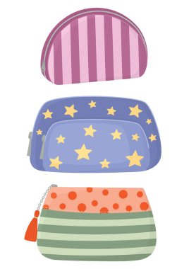 Üç renkli kozmetik poşet ya da kalem kılıflı canlı bir illüstrasyon. Hoş aksesuarlar, şatafatlı çizgiler, puantiyeler ve yıldızlar..