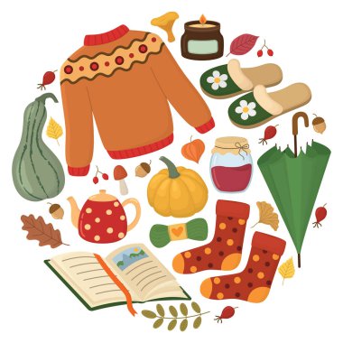 Mevsimsel elementlerle sonbahar çizimi. Elle çizilmiş sonbahar temalı süveter, mum, balkabağı, çorap, yaprak, terlik vs.