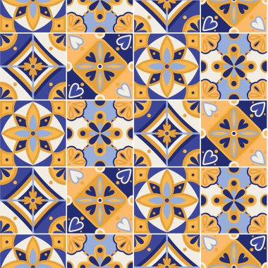 Mavi ve sarı seramik seramik seramik seramik desenli Akdeniz pürüzsüz deseni. Dekoratif geometrik arkaplan