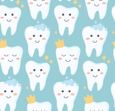 Gülümseyen beyaz dişleri olan kusursuz bir desen. Taçlı, köpüklü ve ışıltılı neşeli karakterlerin renkli arka planı