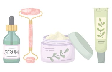 Beyaz arka planda izole edilmiş bir dizi temel deri. Kozmetik serum şişesi, yüz kremi, göz kremi tüpü ve gül kuvars yüz silindiri..