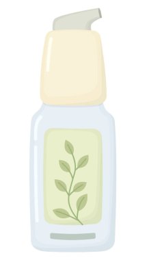 Glass bottle of facial cleansing foam with green leaf motif on label. Skincare product isolated on white