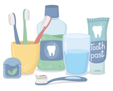 Diş macunu tüpü, diş macunu şişesi, diş ipi, bir bardak su, diş fırçası ve yapıştırıcılı diş fırçası olan bir hayat..