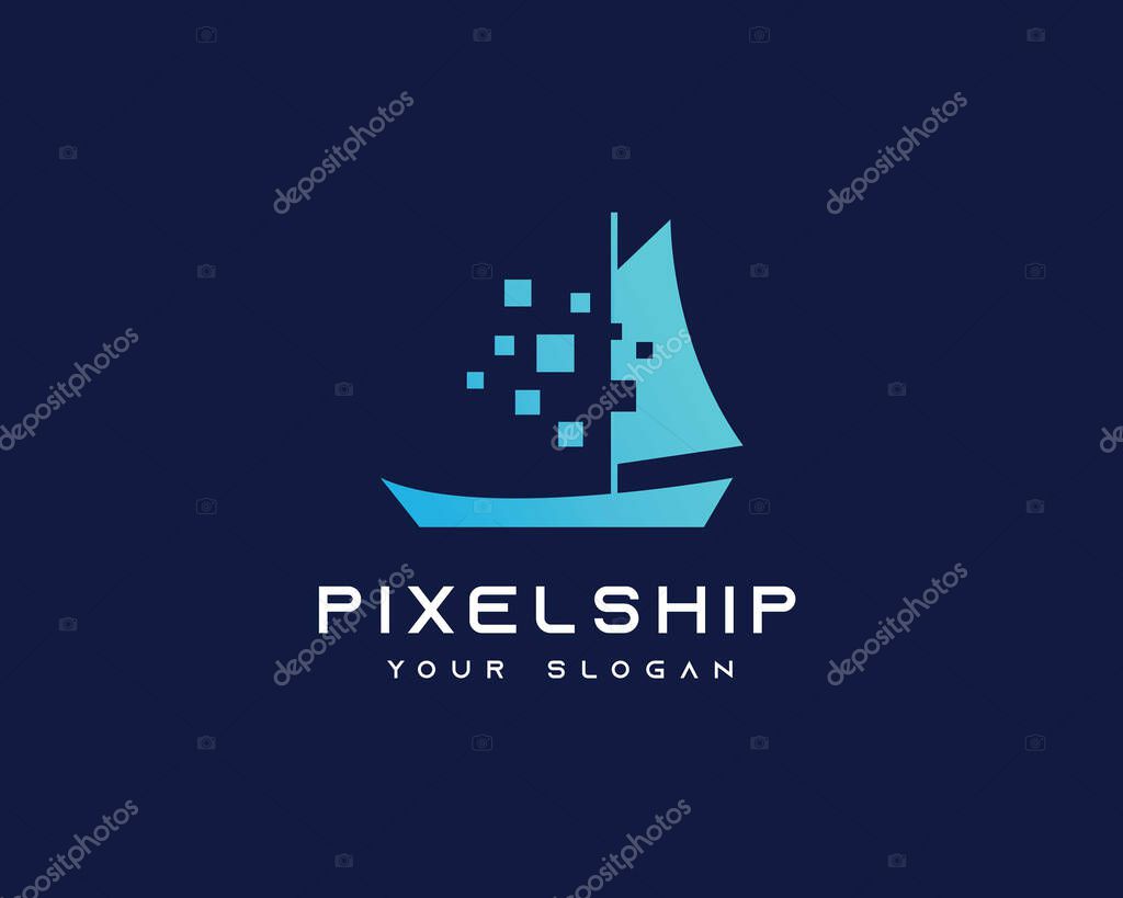 Pleasure Ship Logo Template vector icon illustration design. Sailboat symbol. Pixel Ship Logo Design for Brand