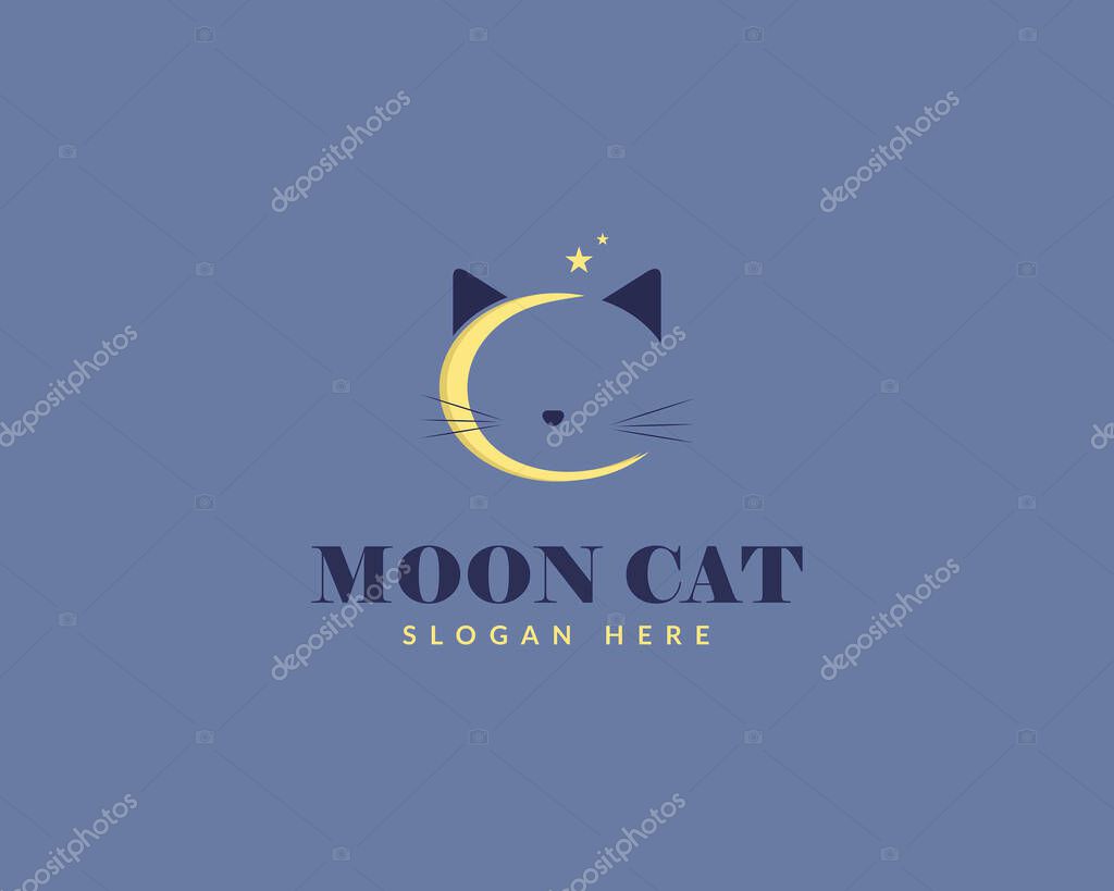 Moon shape Cat Logo Design Vector Template. Pet Animal Logo Design Concept.