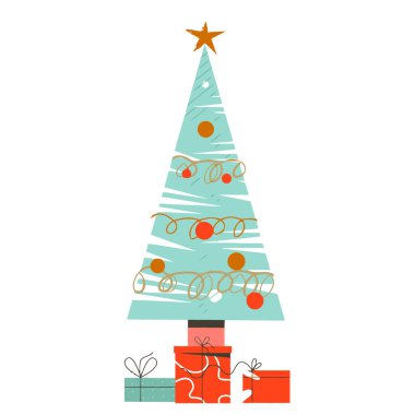 Noel ağacı ve hediye kutuları. vektör illüstrasyonu.