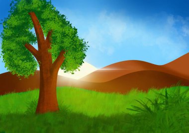 Ağacı ve mavi gökyüzü olan yeşil bir manzaranın çizimi