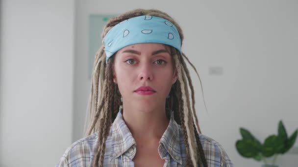 Portrait Charming Hipster Woman Casual Plaid Shirt Blue Headband Dreadlocks — Stock Video
