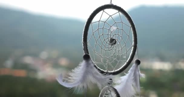 Close Dreamcatcher Threads Feathers Beads Suspended Backdrop Beautiful Landscape Copy — Stock Video