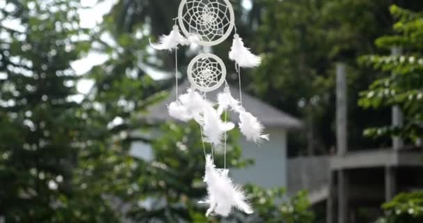Native American Talisman Dreamcatcher Blowing Breeze Morning Background Houses Tropical — Stock Video