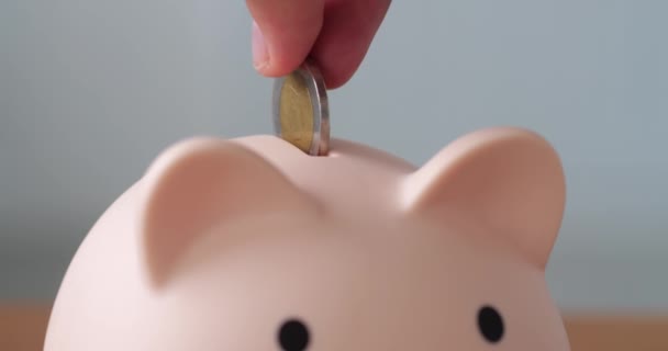 Een Hand Gezet Munt Spaarvarken Bank Voor Het Besparen Van — Stockvideo