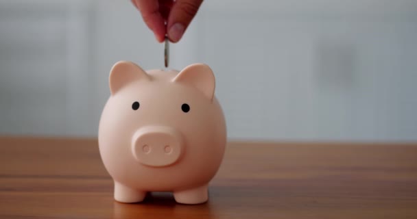Hand Steckt Eine Münze Ein Sparschwein Mit Bokeh Hintergrund Finanzierungs — Stockvideo