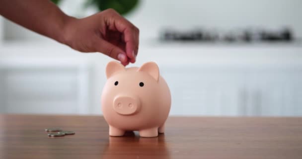 Mans Mão Colocando Moedas Porquinho Banco Forma Porco Fundo Azul — Vídeo de Stock