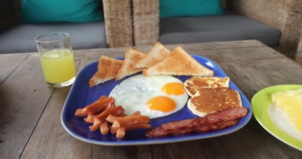 Fried Egg Plate Bacon Toast Traditional Breakfast — Stock Video
