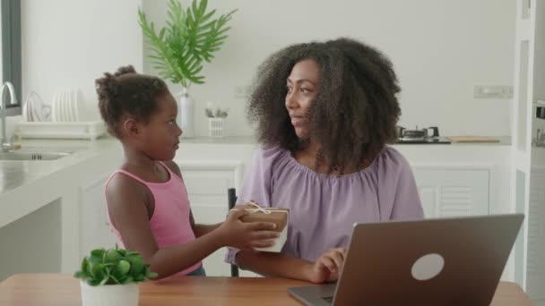 Multitasking Young African Mother Freelance Worker Entrepreneur Working Remotely Laptop — Stockvideo