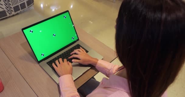 Kobieta Edukacja Online Wyświetlacz Ekran Laptopie Kawiarni Kobieta Robi Komunikację — Wideo stockowe