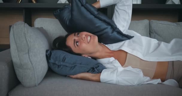 Sleepless Lady Covering Ears Pillow Noisy Neighbors Tinnitus Insomnia Stress — Stock Video