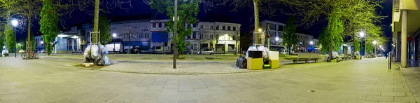 Panoramiczny Pejzaż Miejski Nocy Kartonowymi Pudełkami Workami Śmieci Przepełnionymi Punktu — Zdjęcie stockowe