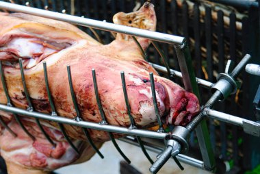 Bütün bir domuz dışarıda rosto tükürüğünde kızarır, geleneksel barbekü teknikleri ve ızgara et pişirir. Mutfak içeriği ya da açık hava barbekü temalı çizimler için ideal.