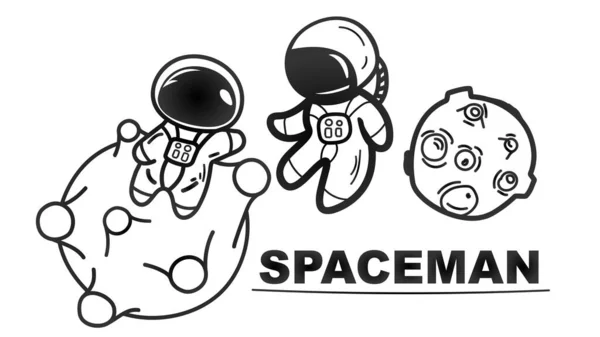 Zwei Niedliche Cartoon Astronauten Auf Kleinen Planeten Gekritzel — Stockvektor