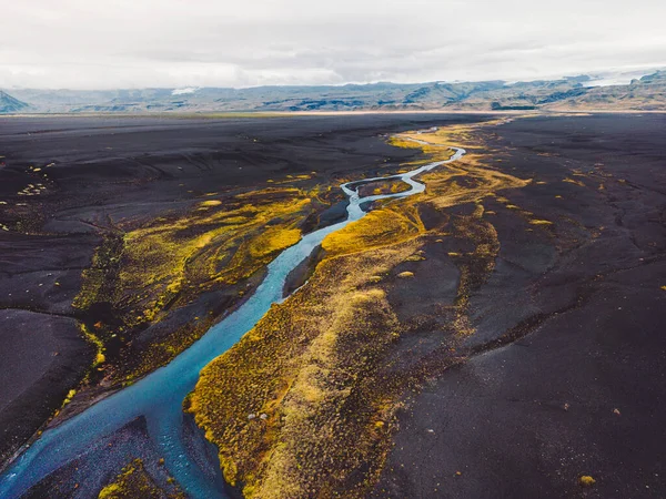アイスランドの黒い火山砂のビーチ 川が流れている本土の方への眺めそして水の周りのいくつかの黄色の葉 — ストック写真