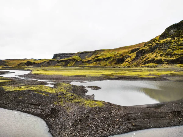 アイスランド全体の湿った風景 岩の形成と水と苔むした緑の土地のプール アイスランドの悲観的な曇りの日 — ストック写真