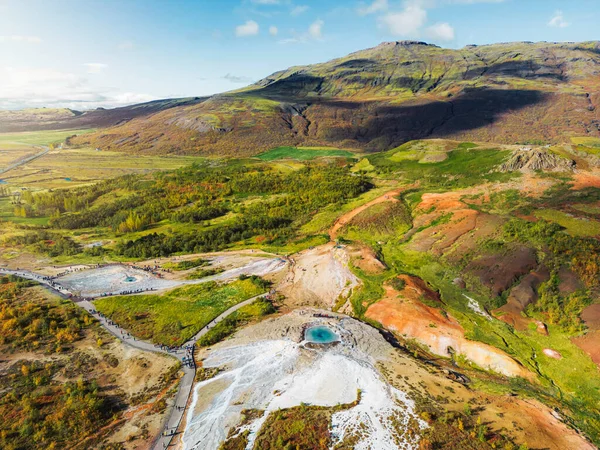 Légi Kilátás Strokkur Gejzír Geyser Hot Springs Nagy Geyser Izlandon — Stock Fotó
