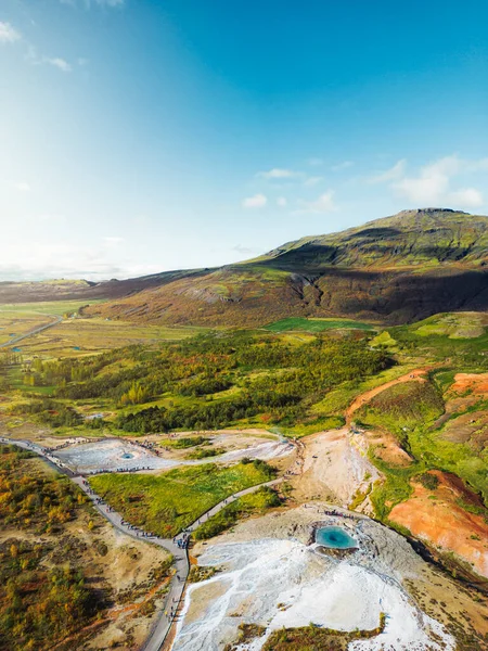 Légi Kilátás Strokkur Gejzír Geyser Hot Springs Nagy Geyser Izlandon — Stock Fotó