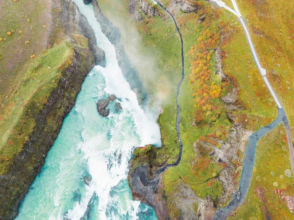 Huge Beautiful Waterfall Gullfoss Famous Landmark Iceland River Foaming Whilst — Stock Photo, Image