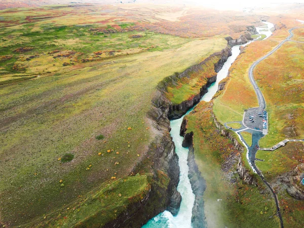 Huge Beautiful Waterfall Gullfoss Famous Landmark Iceland River Foaming Whilst — Stock Photo, Image
