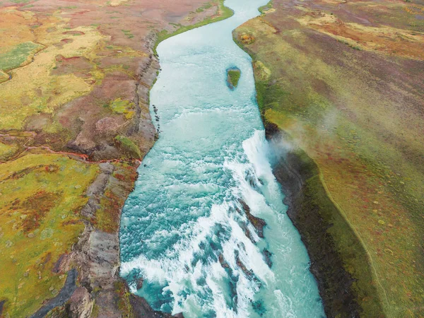 Énorme Belle Cascade Gullfoss Célèbre Point Repère Islande Rivière Moussant — Photo