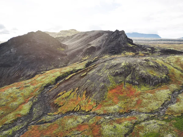 アイスランドの高地 緑の茂みと火山の土地に囲まれた アイスランド本土のどこかに離れた土地 火山岩の形成 小さな山 — ストック写真