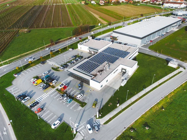 Aerial View Industrial Building Large Parking Lot Somewhere Countryside Slovenia — Stock Photo, Image