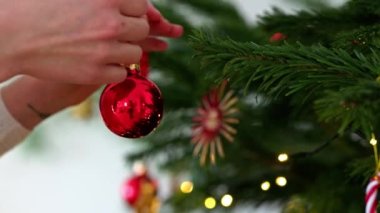 Kafkas kadının Noel ağacını kırmızı süslemelerle süslediği yavaş çekim videosu. Doğal Noel ağacı, kırmızı ve beyaz süsler. Tatiller, şenlik zamanı. Noel ışıkları. 