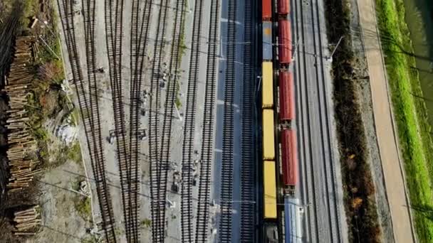 Грузовые Поезда Крупным Планом Вид Воздуха Красочные Грузовые Поезда Железнодорожном — стоковое видео