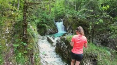 Slovenya 'da bir yerde ormanda saklı bir şelale. Kayalıklardan akan bir dere, köpüren bir su. Ormandaki yemyeşil yapraklar. Bakış açısı. Süre. 