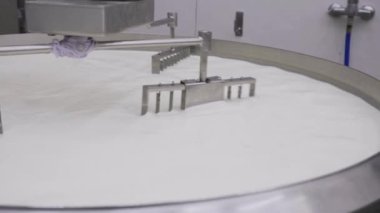 Footage of three mechanic arms mixing curd in a large industrial size pot at the dairy factory, making cheese curds. 