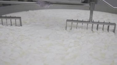 Footage of three mechanic arms mixing curd in a large industrial size pot at the dairy factory, making cheese curds. 