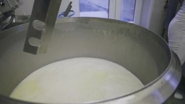 Close up, unrecognizable dairy farm worker pouring buckets of milk into a large metal industrial pot, filling it to the top.